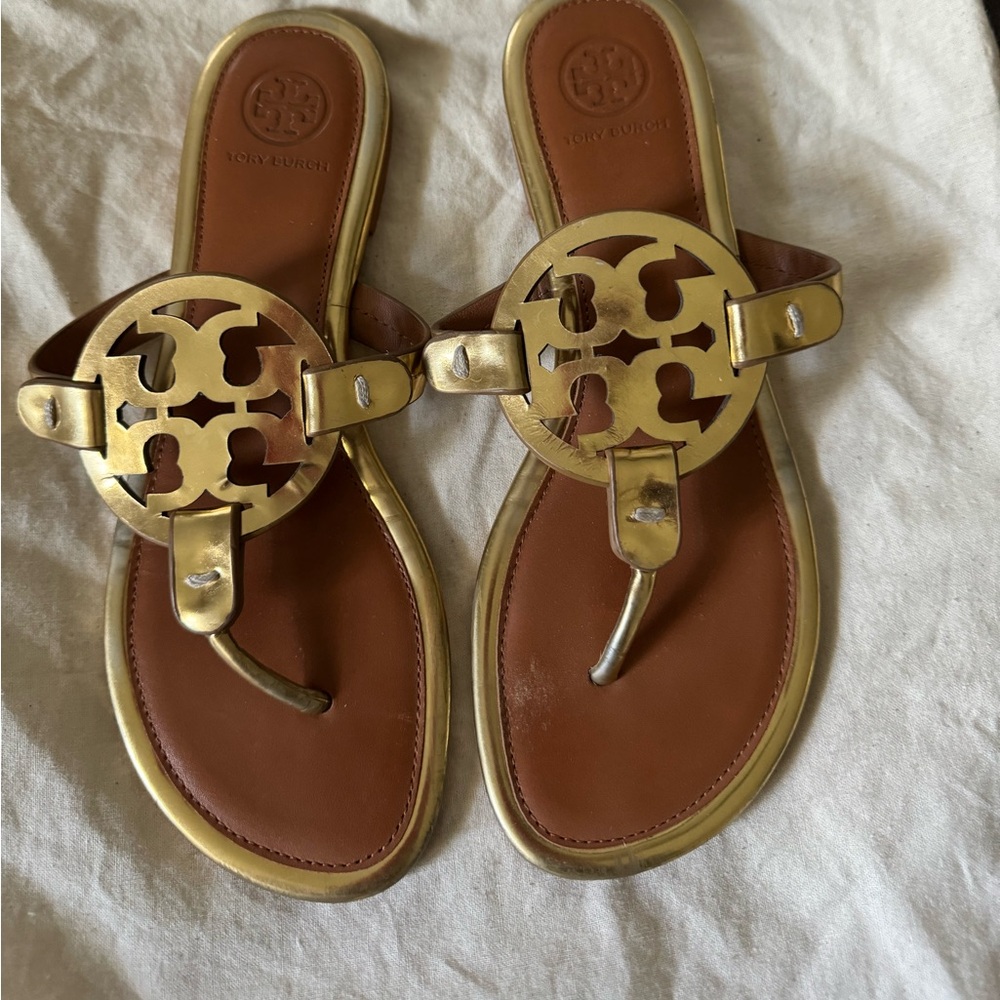Tory Burch Brown Leather Sandals with Gold Logo Medallions